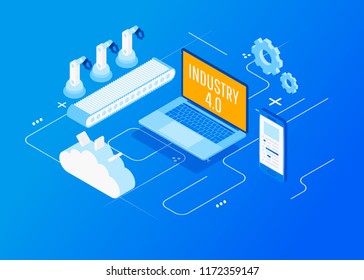 Isometric Factory Automation, Industry 4.0, Internet Of Things, Vector Illustration For Connected Devices Using Different Symbols