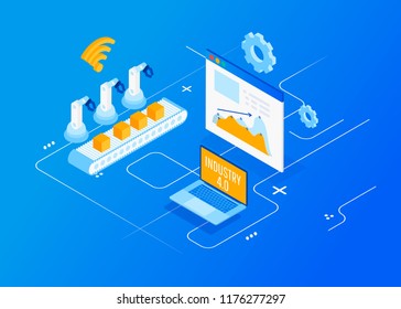 Isometric Factory Automation, Industry 4.0, Internet Of Things, Vector Illustration For Connected Devices Using Different Symbols