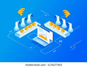 Isometric Factory automation, Industry 4.0, Internet of Things, Vector illustration for connected devices using different symbols
