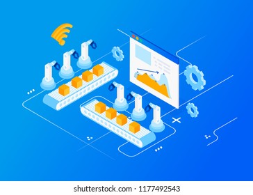 Isometric Factory automation, Industry 4.0, Internet of Things, Vector illustration for connected devices using different symbols