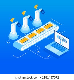 Isometric Factory automation, Industry 4.0, Internet of Things, Vector illustration for connected devices using different symbols