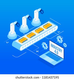 Isometric Factory automation, Industry 4.0, Internet of Things, Vector illustration for connected devices using different symbols