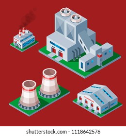 Isometric factory building icon industrial element warehouse architecture house vector illustration