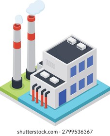 Isometric of a factory building with smokestacks emitting smoke