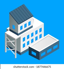Isometric factory building vector illustration. Manufacture building with several housing isolated on blue background. Industrial construction in the factory. Household industrial structure premise