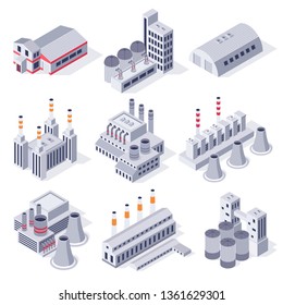 Isometric Factory Buildings. Industrial Power Plant Building, Factories Warehouse Storage And Industry Estate. Manufacturing Industry, Plant Architecture Exterior 3D Vector Isolated Icons Set