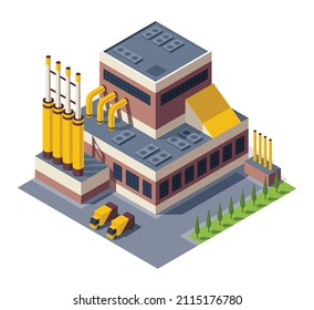 Isometric factory. Concept of industrial plant with chimney tower or pipes. Industrial bulding. 3d isolated icon. Architecture of manufacture house