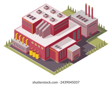 Isometric factory. Concept of industrial plant with chimney tower or pipes. Industrial bulding. 3d isolated icon. Architecture of manufacture house