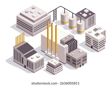Isometric factory. Concept of industrial plant with chimney tower or pipes. Industrial bulding. 3d isolated icon. Architecture of manufacture house