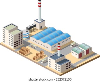 Isometric Factory Consists Of A Hangar,  Boiler Room And Storage