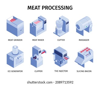 Isometric factory equipment for meat production set with 3d grinder mixer cutter clipper ice generator isolated on white background vector illustration