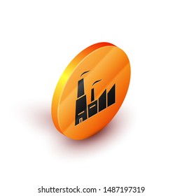 Isometric Factory icon isolated on white background. Industrial building. Orange circle button. Vector Illustration