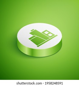 Isometric Factory icon isolated on green background. Industrial building. White circle button. Vector
