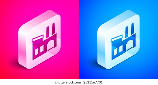 Isometric Factory icon isolated on pink and blue background. Industrial building. Silver square button. Vector