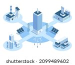 Isometric factory industrial facilities, buildings complex. Industrial plant electricity resource supply and communication system vector illustration. Factory buildings grid. Solar panels and windmill