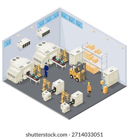 Línea de producción de Vector interior de fábrica isométrica: infografía de fabricación de una línea de ensamblaje ocupada con máquinas y personal de fábrica, ingenieros y trabajadores de mantenimiento.