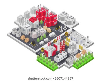 Isometric factory and machinery on white background