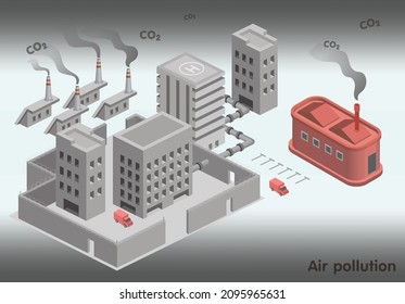 Isometric Factory Manufacturer with storage tanks illustration of a plant polluting air.,Manufacturing processing plant complex.
