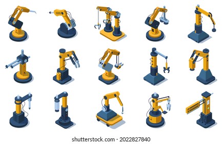 Fabricantes isométricos mecanizaron brazos robóticos automatizados. Fabricante industrial automatizada de armas robóticas, mano robótica mecánica de ilustraciones vectoriales conjunto. Brazo robótico automático 3d. Maquinaria de producción