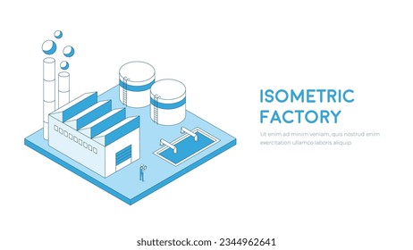 Isometric factory outline vector. Plant stroke illustration.