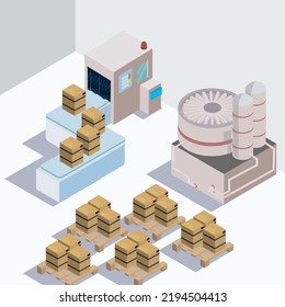 isometric factory poster with boxes