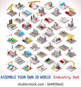 Isometric Factory Power Energy Plant Urban Farm Oil Industry Nuclear Heat Elevator Industrial. Factory Building Game Tile. Isometric Icon 3D City Map Isolated Infographic Element Set Vector Collection