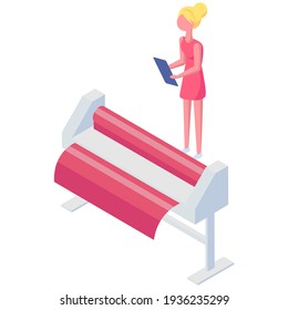 Isometric factory printer. Girl working with equipment. Installation for printing colored papers