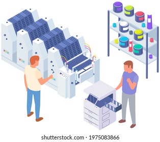 Isometric factory printer. People working with equipment and shelving with paints. Office or production technique. Technology for printing. Technique, printer, printing machine vector illustration