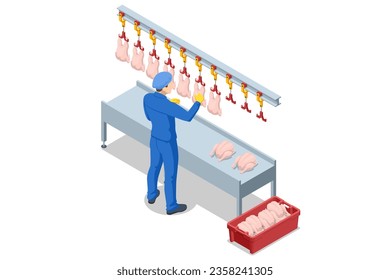 Isometric Factory for the production of food from meat. Food products meat chicken in plastic packaging on the conveyor. Meat chicken.