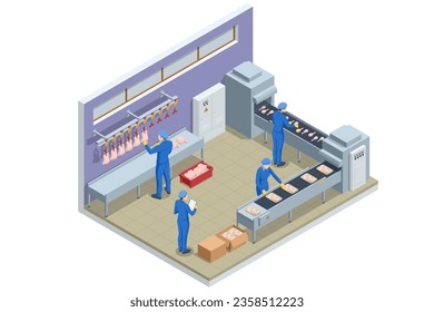 Isometric Factory for the production of food from meat. Food products meat chicken in plastic packaging on the conveyor. Meat chicken.