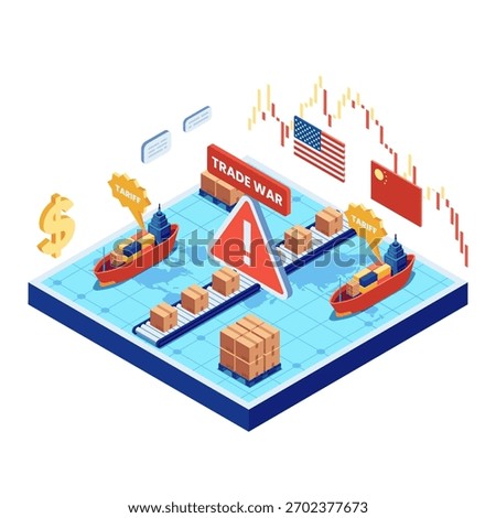 Isometric Factory Production Line Affected by Tariffs. Global Supply Chain Disruption During US China Trade War Concept