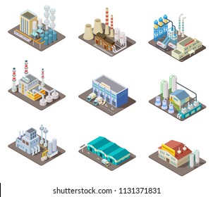 Isometric factory set. 3d industrial buildings, power plant and warehouse. Isolated vector collection. Industrial factory and warehouse, industry 3d manufacture production illustration