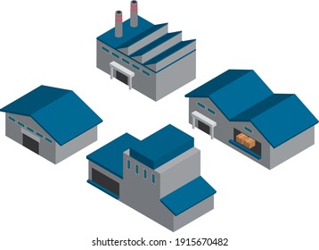 Isometric factory warehouse building illustration
