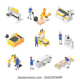 Isometric factory workers. People in uniform working with technology machines and modern robotic arms. Assembly line, manufacturing flawless vector set