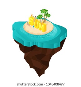 Isometric fairy island, cartoon, girls sitting on large letters, font, sun, sea