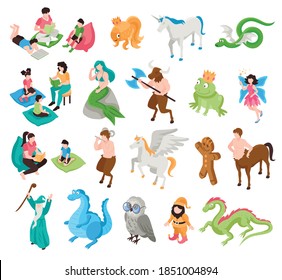 Isometric fairy tale story book set of isolated icons with fairytale characters on blank background vector illustration