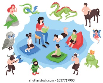 Isometric fairy tale story composition with reading out woman children magic animals and epic fairytale characters vector illustration