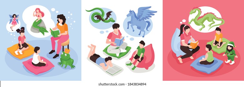 Isometric fairy tale story design concept with square compositions of reading people children and magic creatures vector illustration