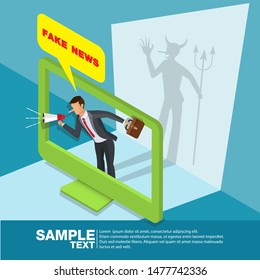 Isometric fake news, Concept businessman his shadow is devil Vector illustration. Disinformation or hoaxes spread via online social media or websites.