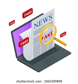 Isometric Fake News Concept. Fake Newspaper Portal. Online Corona Fake news on a laptop.