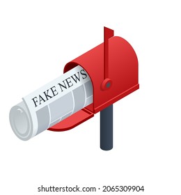 Isometrisches Fake News Konzept. Fake Newspaper Portal. Online Corona Fake Nachrichten in Mailbox.