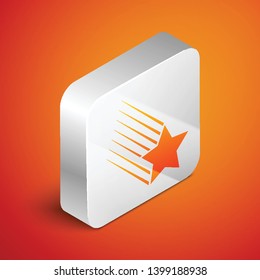 Isometric Falling star icon isolated on orange background. Shooting star with star trail. Meteoroid, meteorite, comet, asteroid, star icon. Silver square button. Vector Illustration
