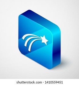 Isometric Falling star icon isolated on white background. Shooting star with star trail. Meteoroid, meteorite, comet, asteroid, star icon. Blue square button. Vector Illustration
