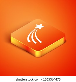 Isometric Falling star icon isolated on orange background. Shooting star with star trail. Meteoroid, meteorite, comet, asteroid, star icon.  Vector Illustration
