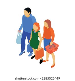 Isometric family with bags and basket doing shopping in supermarket 3d vector illustration