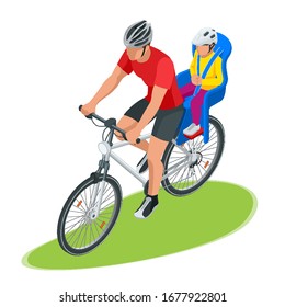 Isometric family biking. Young father safety helmet with toddler strapped child seat his bicycle. Bicycle with plastic child seat.