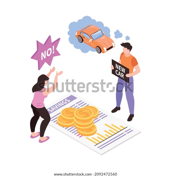 Isometric family budget\
home planning income expenses composition with new car dream vector\
illustration