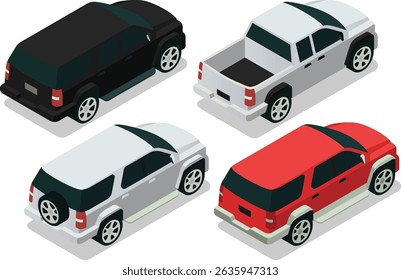 Isometric family car, SUV, pickup truck