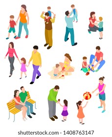 Isometric family. Children parents in different home and outdoor activity. 3d people families vector set