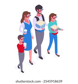 Isometric family in cinema theatre. Movie theatre visitors, mom, dad and kids carrying popcorn, soda and wearing 3d glasses flat vector illustration. Cinema visitors